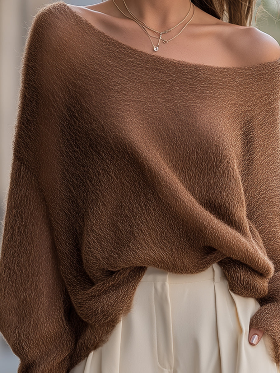 Chestnut Off-Shoulder Fluffy Knit Sweater