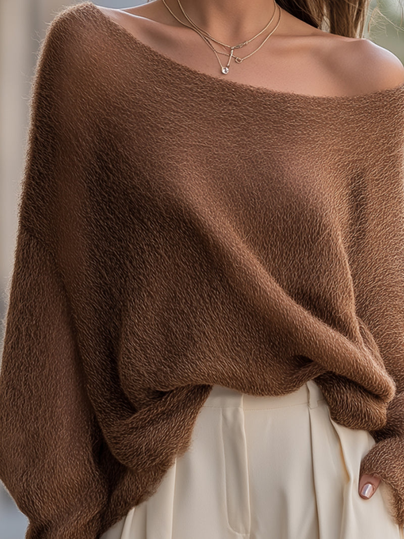 Chestnut Off-Shoulder Fluffy Knit Sweater
