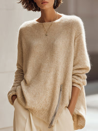 Beige Asymmetric Zip Detail Knit Sweater