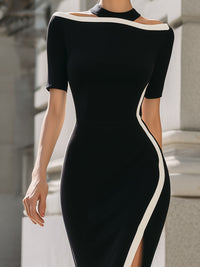 Off-Shoulder Bodycon Dress With Contrast Trim And Front Slit