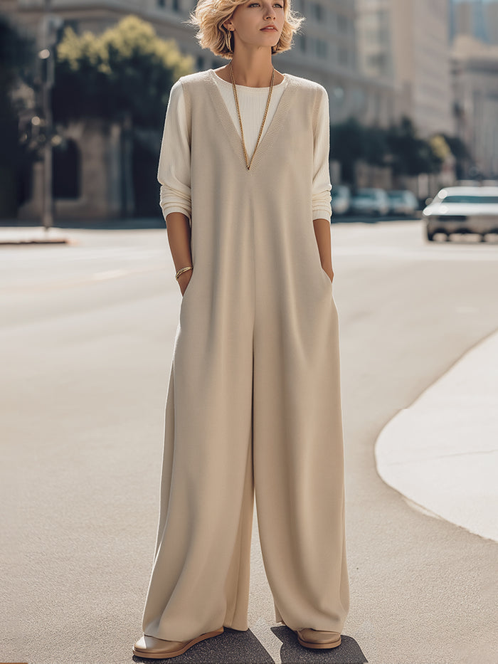 Ivory Wide-Leg Knit Jumpsuit