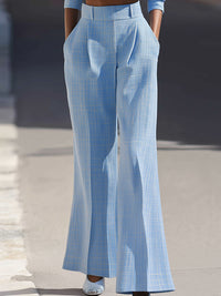 Powder Blue Cropped Tweed Jacket And Wide-Leg Pants Set