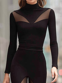 Mesh-Panel Sculpted High-Neck Flare Jumpsuit