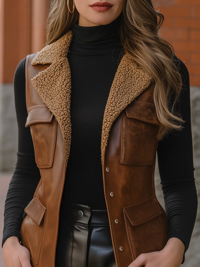 Faux Leather Utility Vest With Shearling Collar