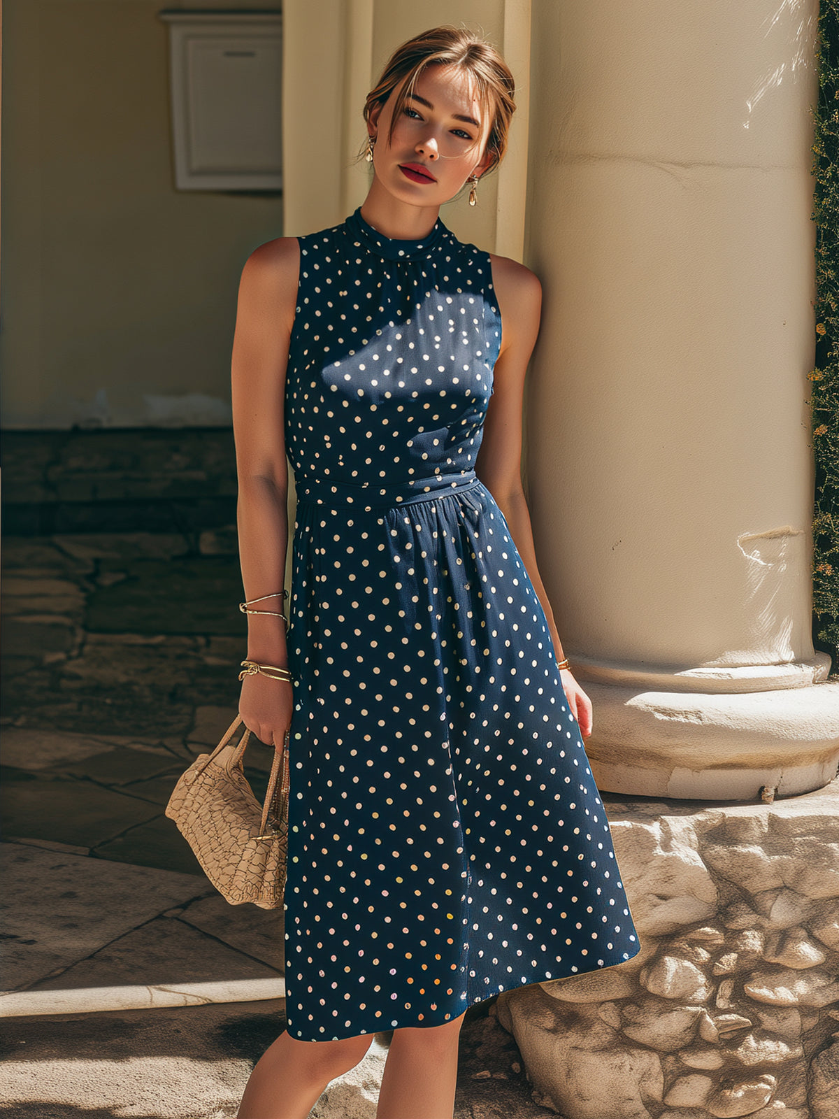 Polka Dot Sleeveless Midi Dress