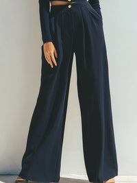 Navy Button-Front Cropped Top With Wide-Legged Pants Set