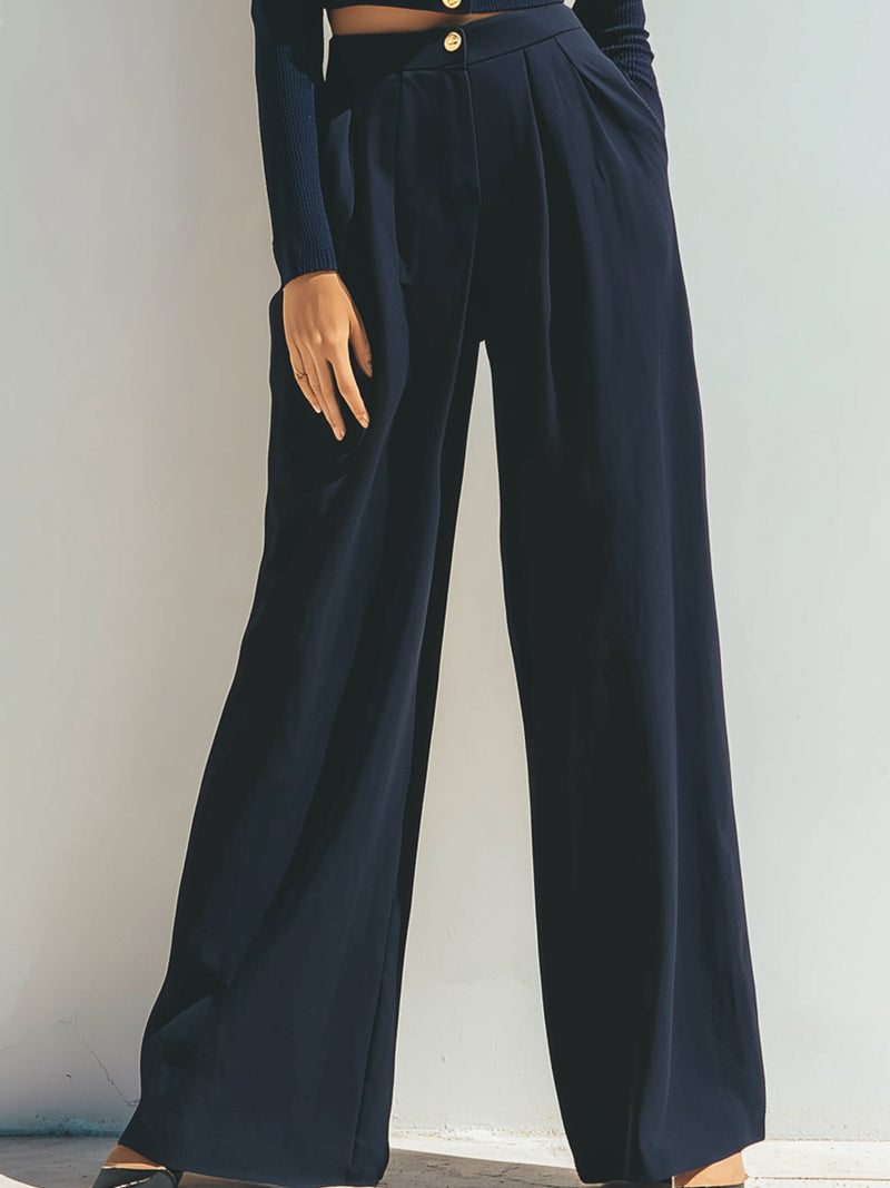 Navy Button-Front Cropped Top With Wide-Legged Pants Set
