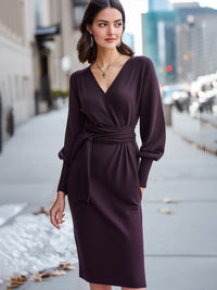 Elegant Burgundy Wrap Dress With Belt