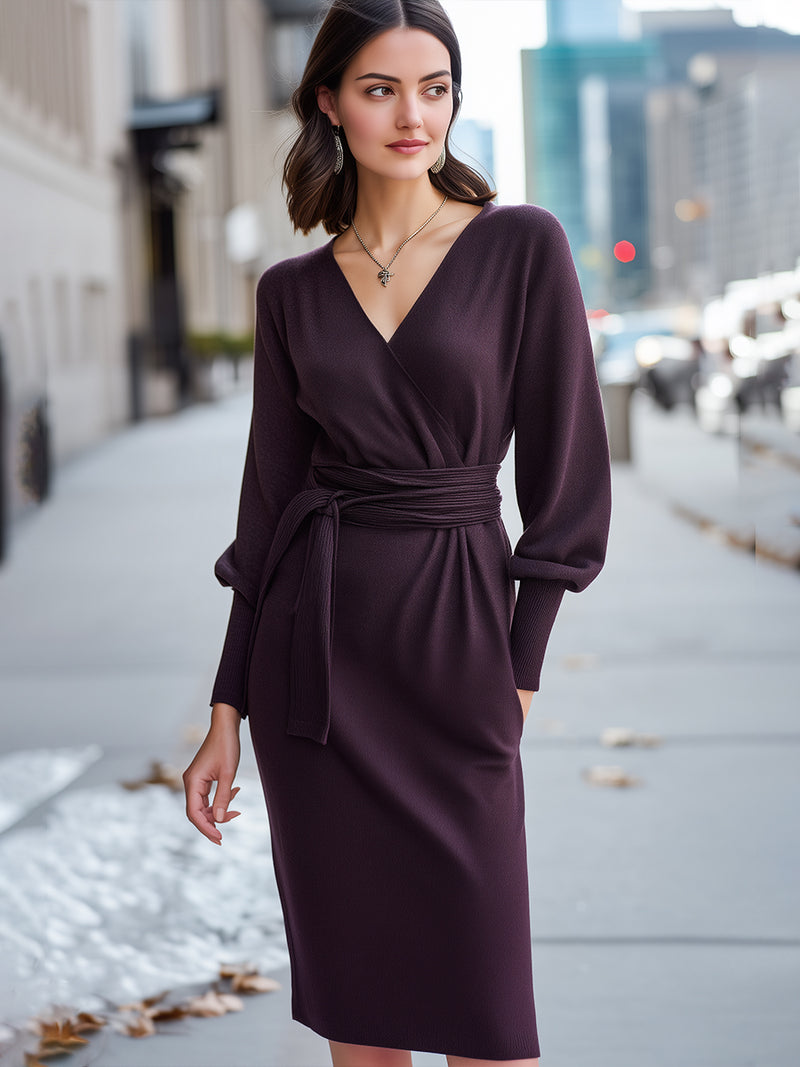 Elegant Burgundy Wrap Dress With Belt