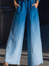 Ombre Wide-Leg Denim Jumpsuit With Tie Waist