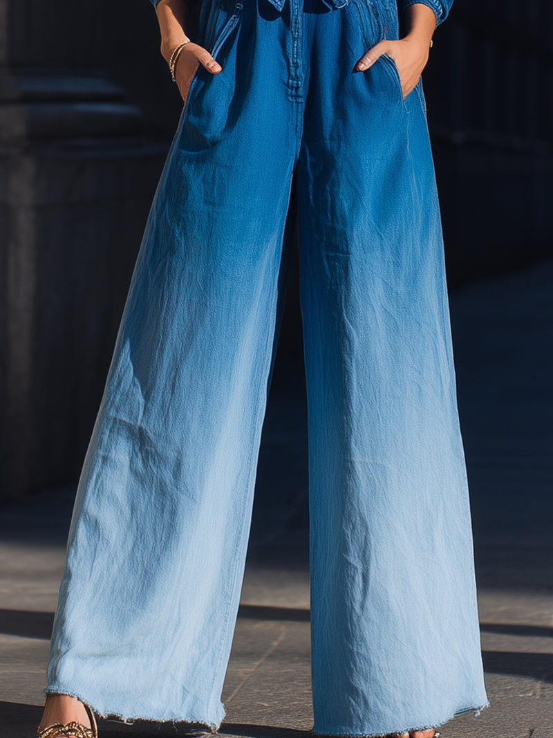 Ombre Wide-Leg Denim Jumpsuit With Tie Waist