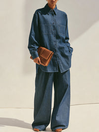 Oversized Denim Shirt And Wide-Leg Pants Set