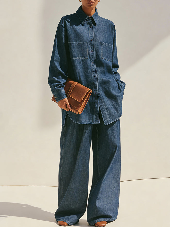 Oversized Denim Shirt And Wide-Leg Pants Set