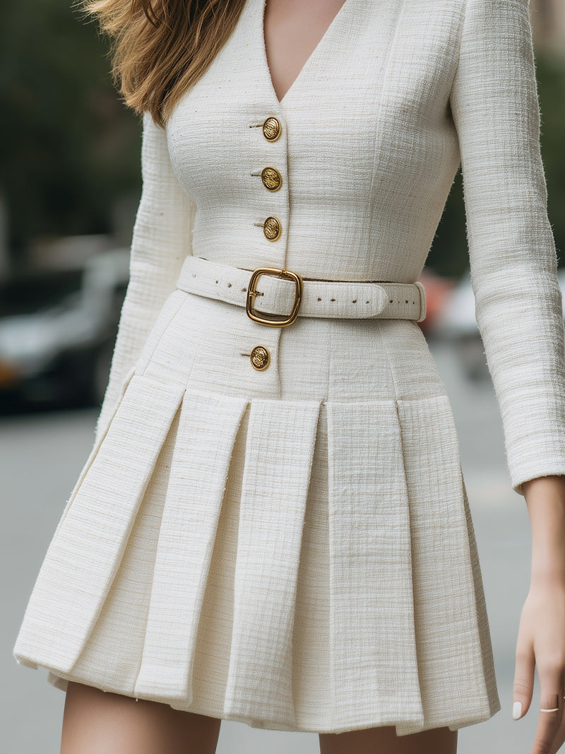 Ivory Pleated Mini Dress With Gold Buttons And Belt