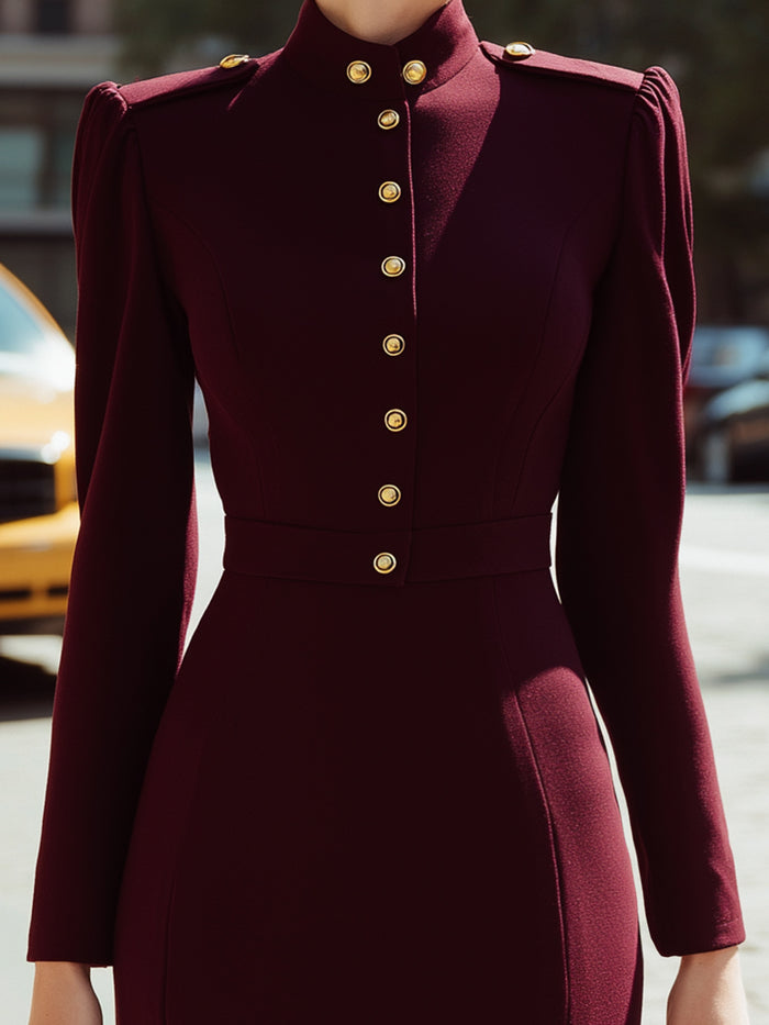 Burgundy Military-Inspired Buttoned Midi Dress