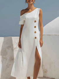 Elegant One-Shoulder Button-Detail Midi Dress