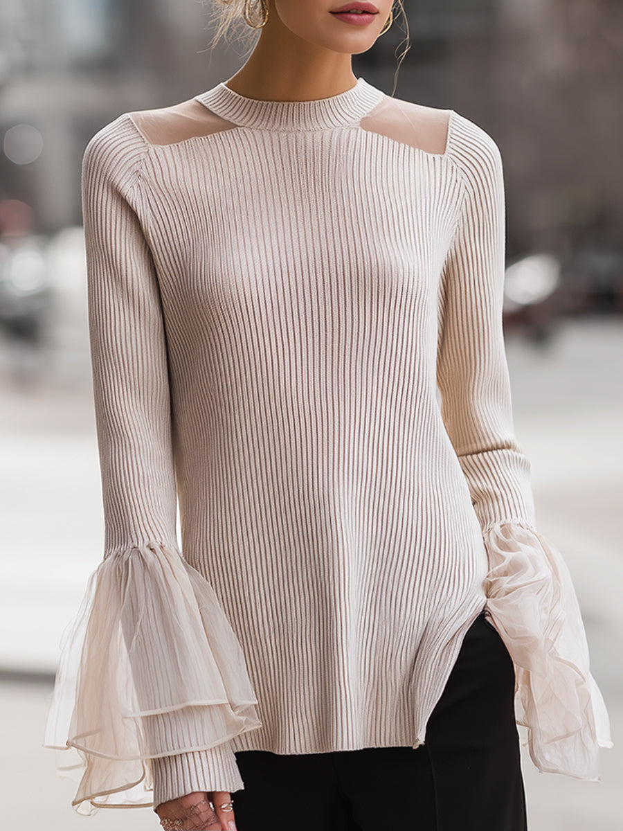Knit Top With Bell Sleeves And Mesh Neckline
