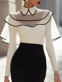 Solid Color Perspective Stitching Ruffled Shawl Knitted Shirt