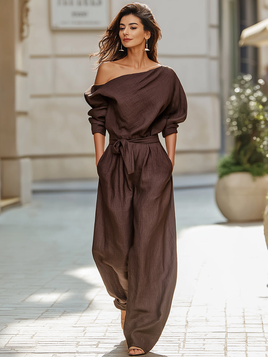 Asymmetrical Off-Shoulder Tie-Waist Linen Jumpsuit