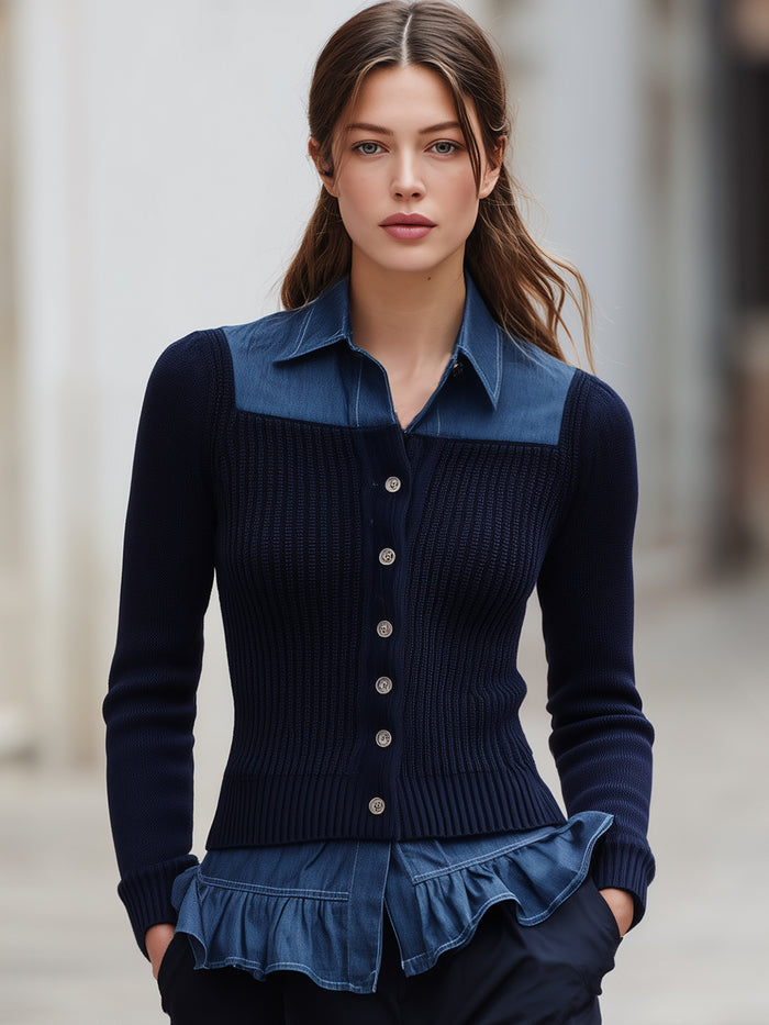 Dual-Texture Denim Collar Knit Button-Up Top