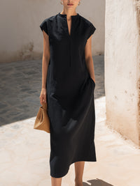 Minimalist Short Sleeve Split-Neck Midi Dress