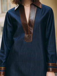 Indigo Faux Denim Dress With Contrasting Faux Leather Trimming