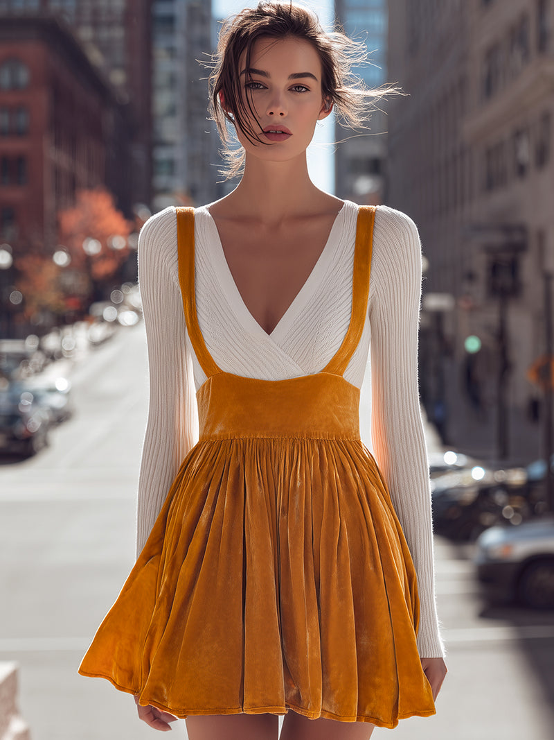 Mustard Velvet Pleated Dress With Knit Sleeves