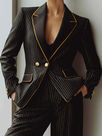 Black Pinstripe Tailored Blazer And Wide-Leg Pants Set With Golden Accents