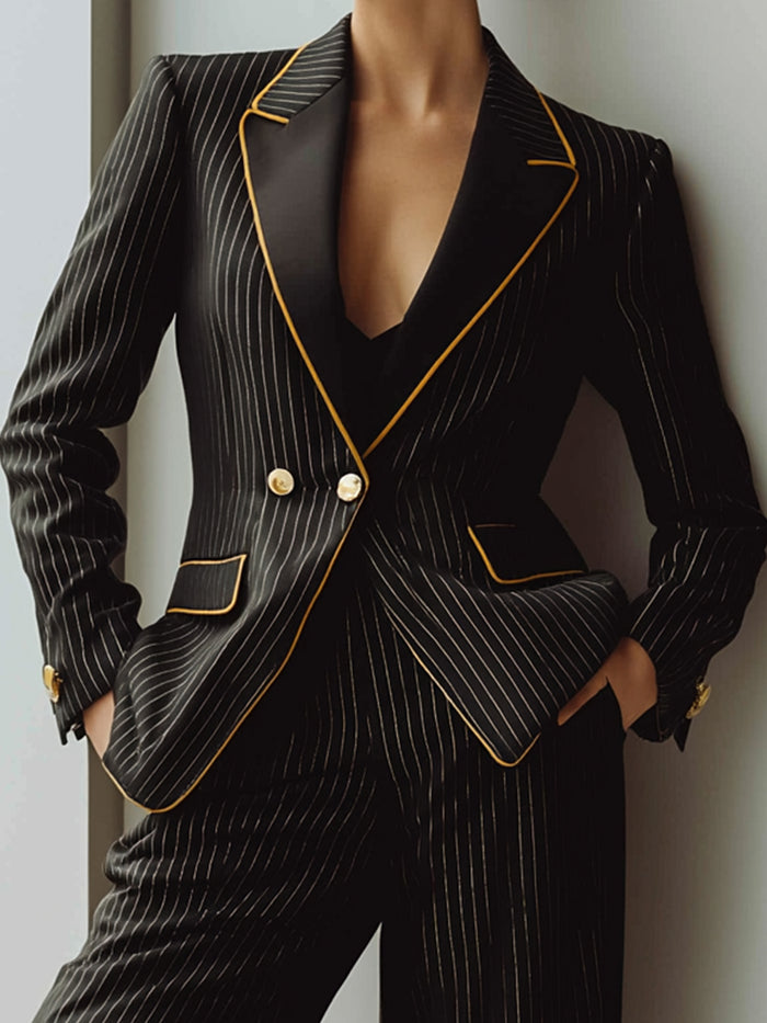 Black Pinstripe Tailored Blazer And Wide-Leg Pants Set With Golden Accents