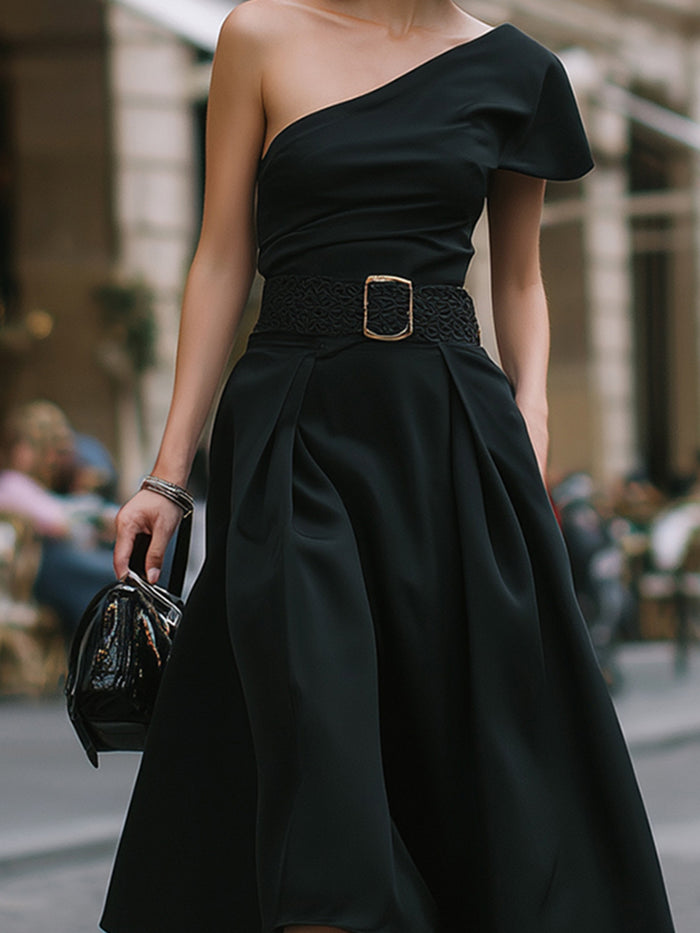 Asymmetrical One-Shoulder Midi Dress With Belted Waist