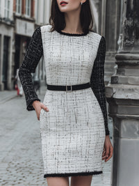 Monochrome Tweed Contrast Dress With Belt