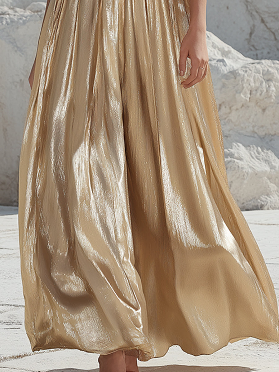 Metallic Halter Neck Flowing Maxi Dress