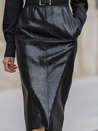 Black Satin Shirt With Embossed Leather Pencil Skirt Suit