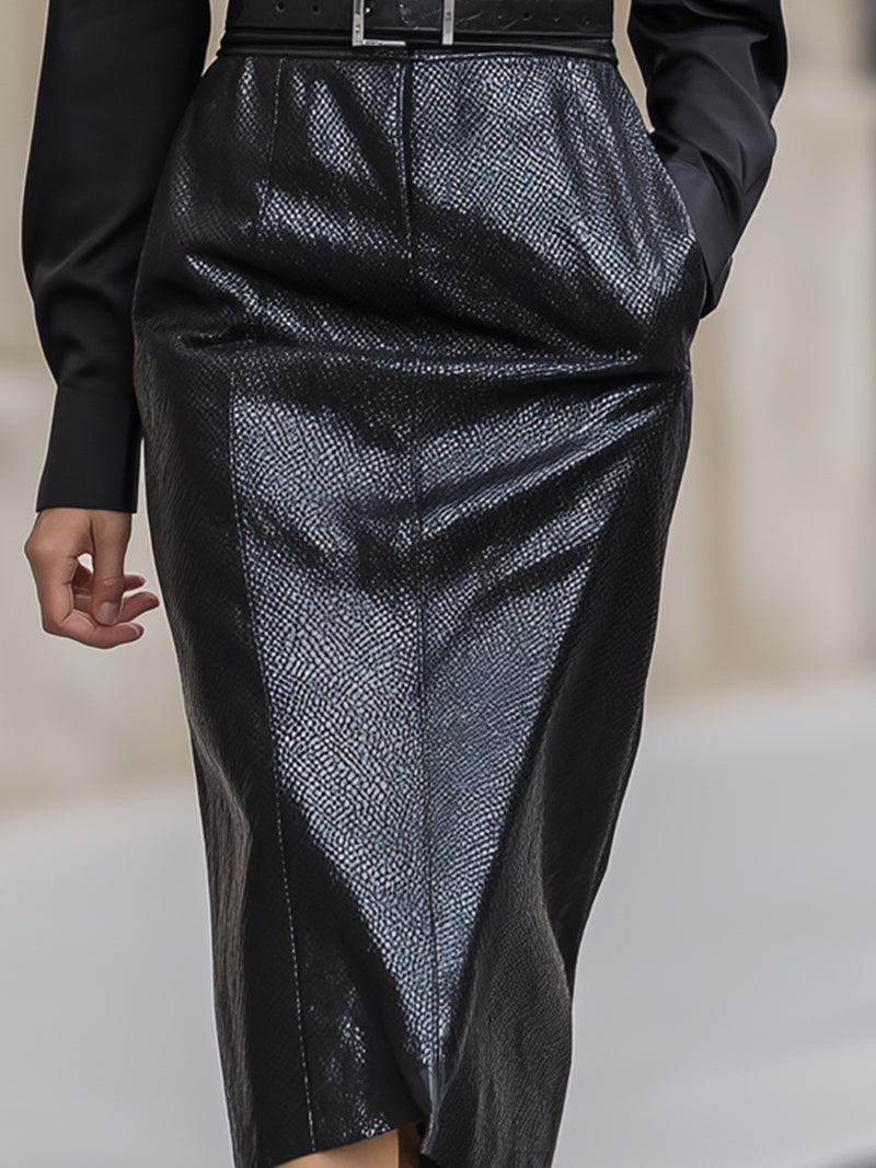 Black Satin Shirt With Embossed Leather Pencil Skirt Suit