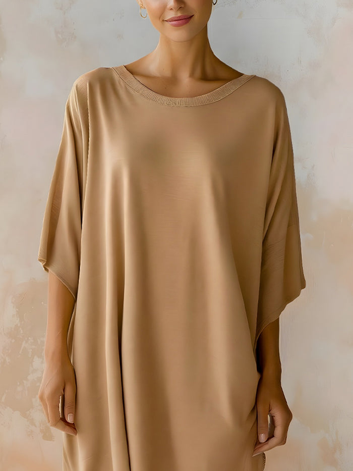 Relaxed Fringe-Hem Short Sleeve Midi Dress