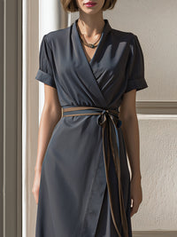 Wrap-Front Short-Sleeve Midi Dress With Waist Tie