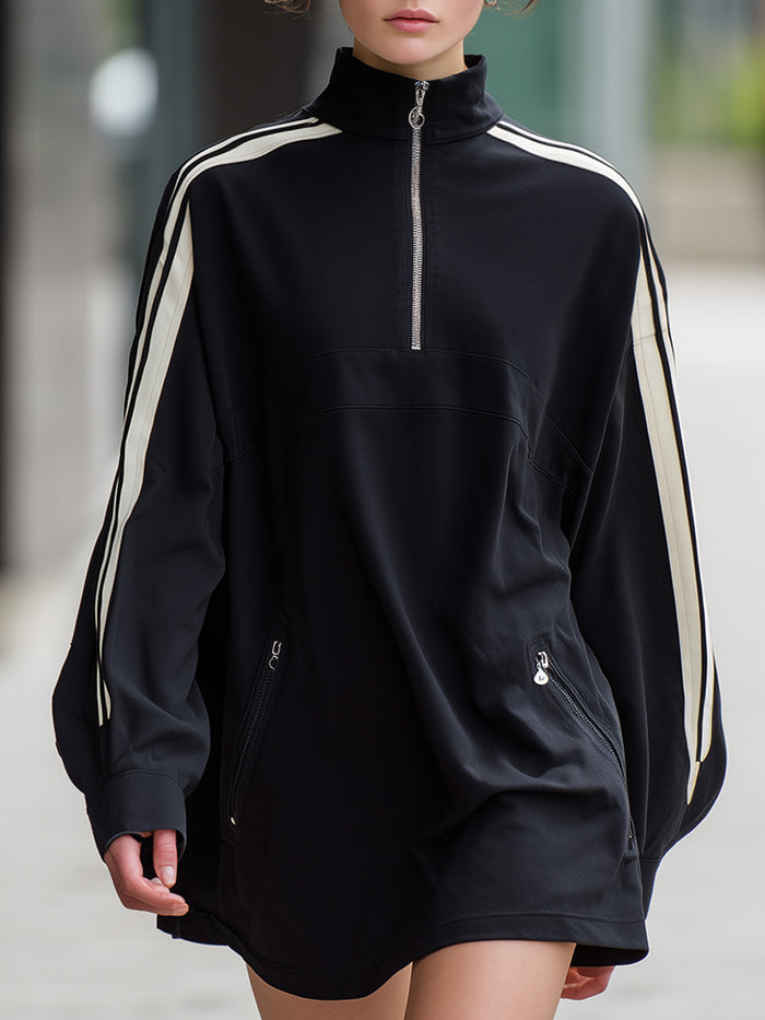 Sporty Half-Zip Mock-Neck Mini Dress With Contrast Stripes