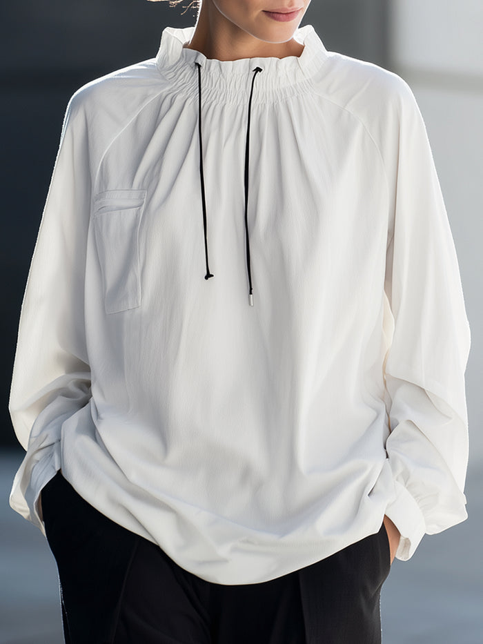 Relaxed Drawstring Collar Long-Sleeve Blouse