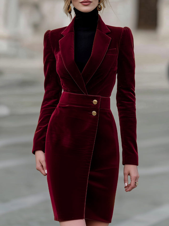 Blazer-inspired Velvet Dress With Gold-tone Button