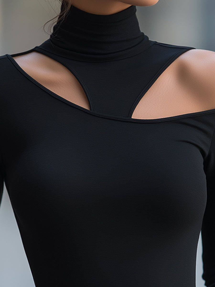 Cutout Shoulder Turtleneck Fitted Top