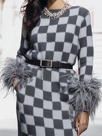 Stylish Checkerboard Knit Maxi Dress With Feather Trim