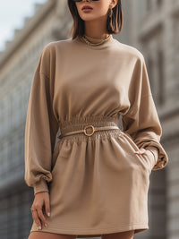 Belted Mock-Neck Mini Dress With Elastic Waist