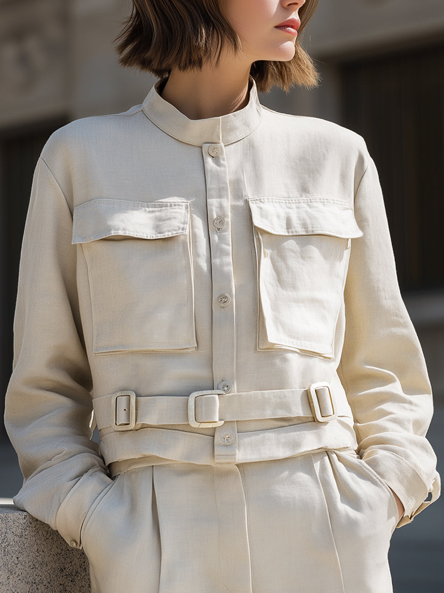 Ivory Belted Utility Shirt Jacket