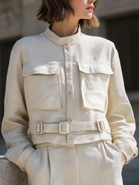 Ivory Belted Utility Shirt Jacket