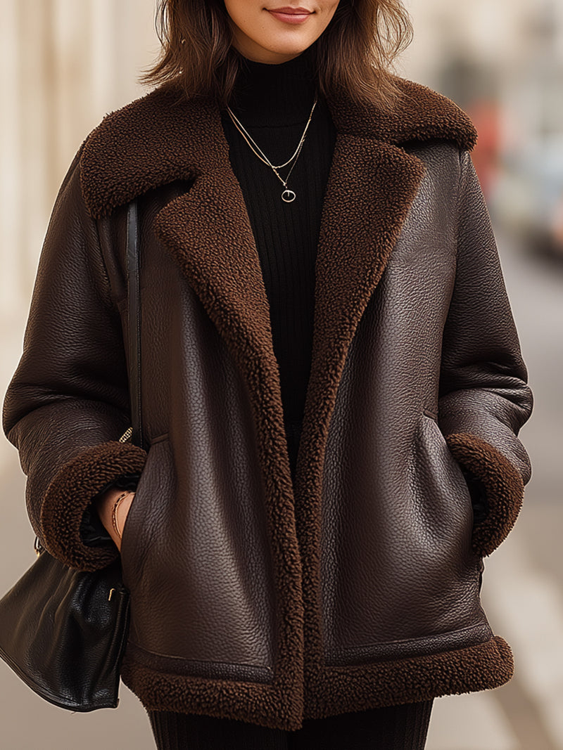 Chocolate Brown Faux Shearling Lined Leather Jacket