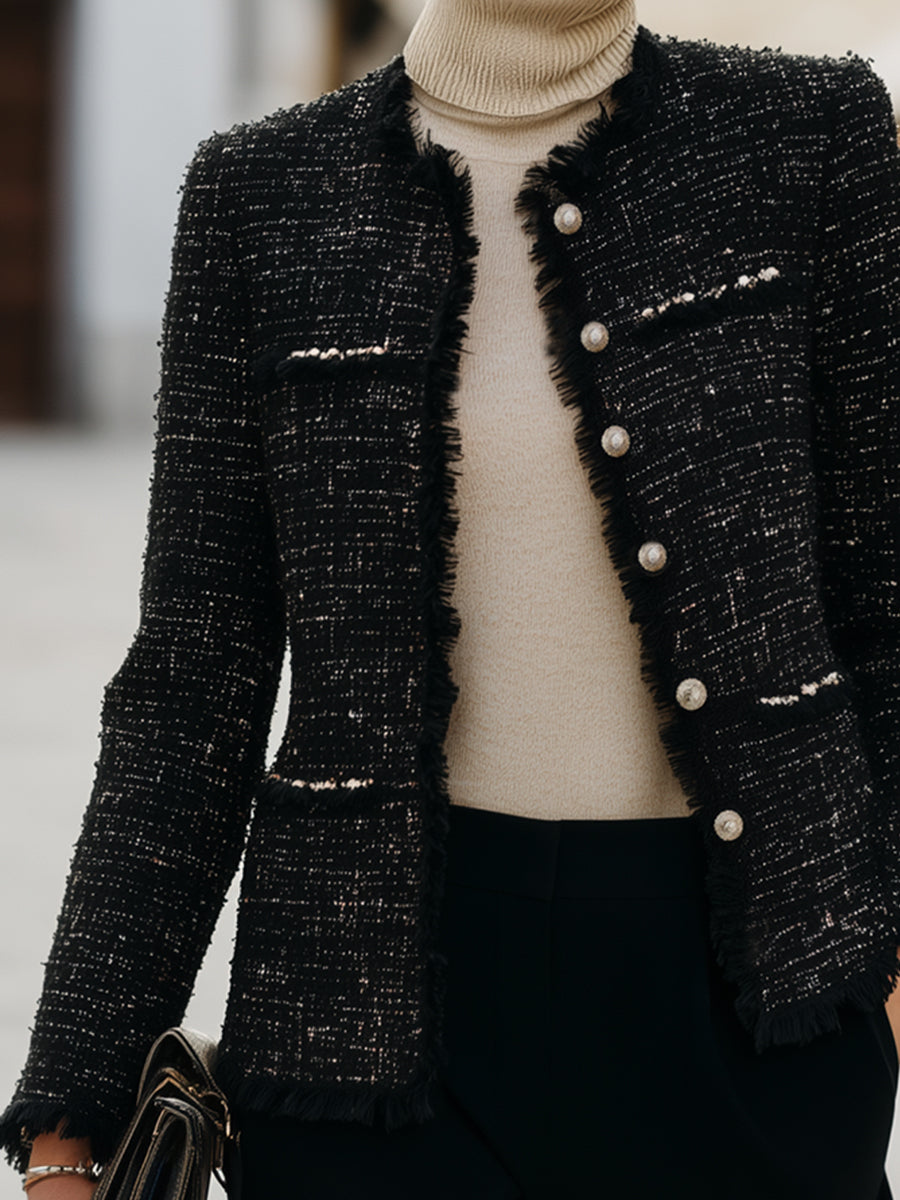 Tweed Fringed Pearl Button Jacket
