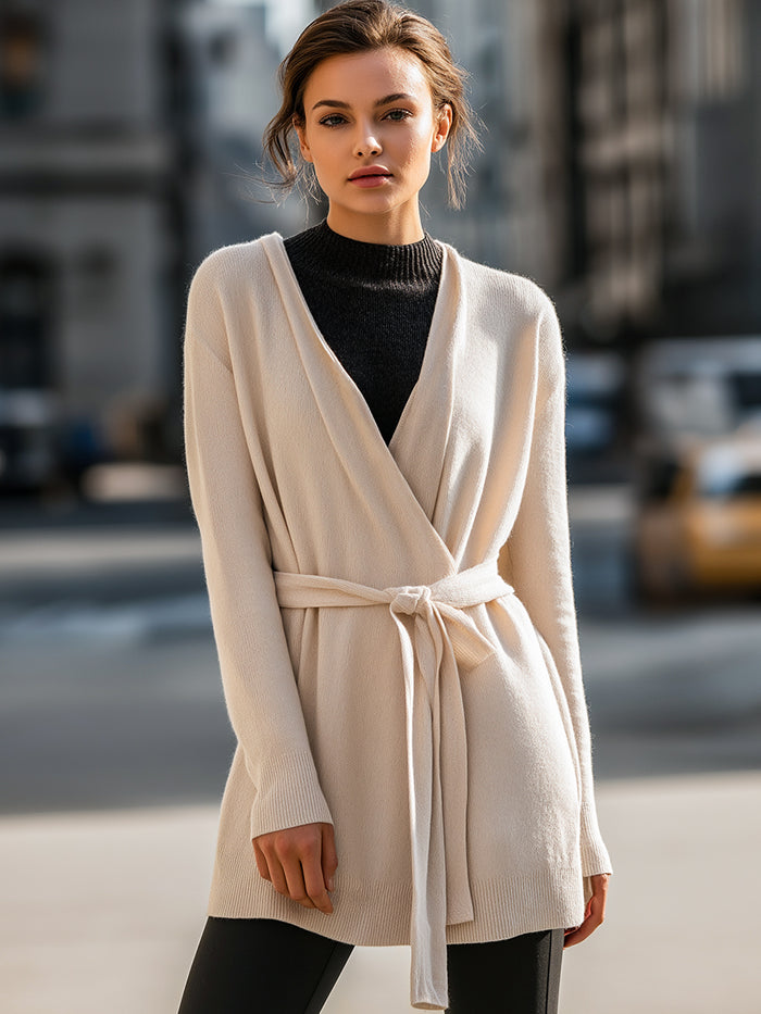 Belted Wrap Cardigan In Soft Beige