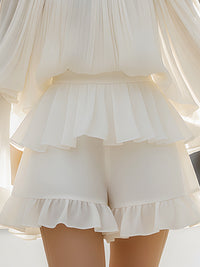 Pleated Lantern-Sleeve Ruffle Hem Two-Piece Set