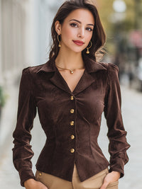 Brown Corduroy Button-Down Shirt With Gold Accents