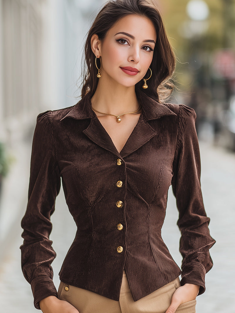 Brown Corduroy Button-Down Shirt With Gold Accents